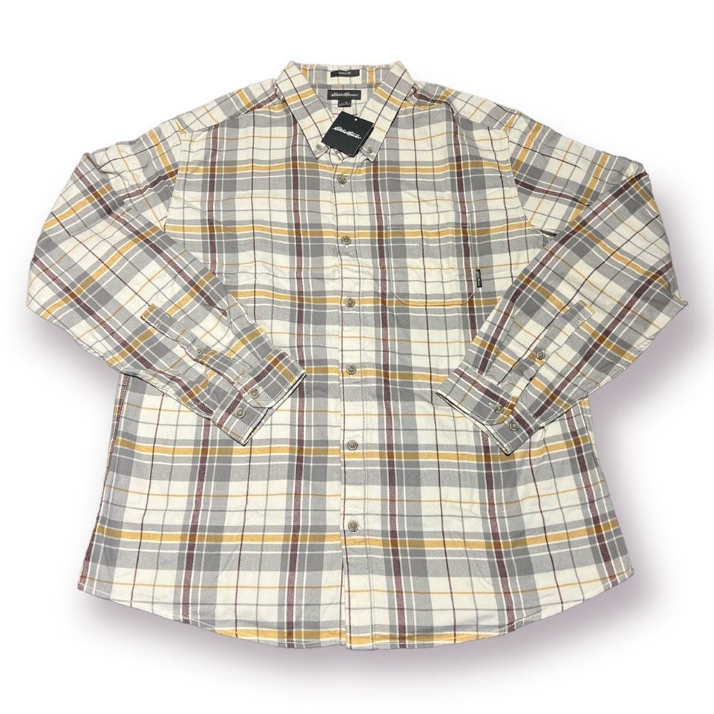 Eddie Bauer Short Sleeve Plaid Shirt - Gray, Yellow, White